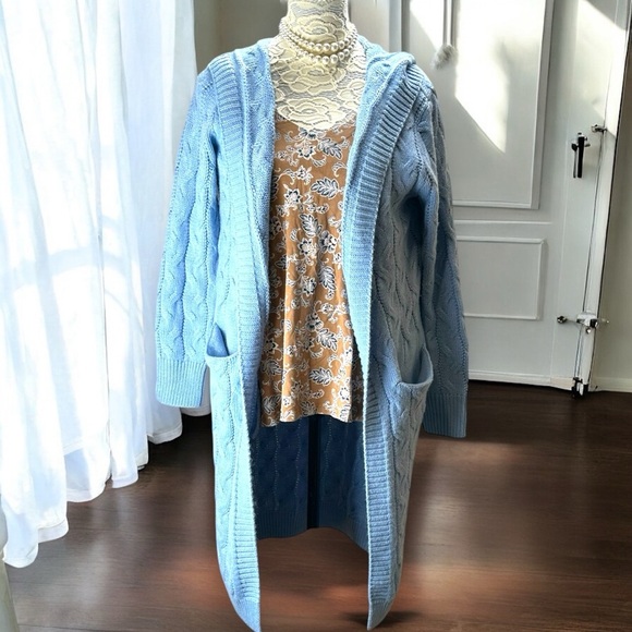 Cable Knit Long Open Cardigan Sweater Sky Blue Size Small Pockets Hooded Acrylic - Picture 1 of 5